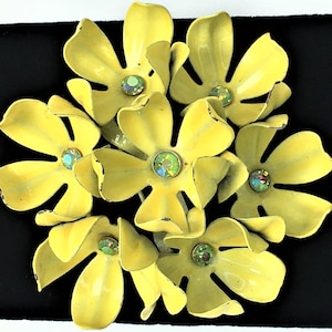 Vintage Yellow Enamel Flower Brooch: Mid Century AB Crystal Pin