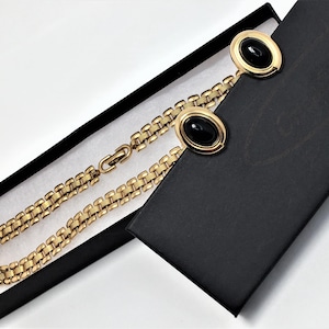 Vintage Monet Gold Tone Necklace Earrings Set | Chunky Chain Necklace | Black Cabochon Post Earrings | 1980s Vintage Jewelry