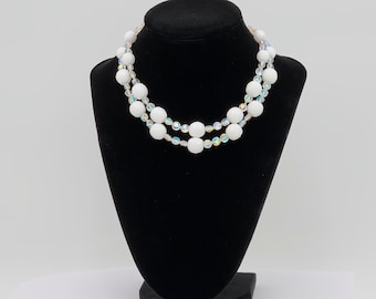 Vintage 1960s Double Strand Milk Glass and AB Crystal Choker Necklace | Midcentury Bridal Jewelry