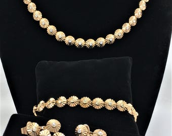 Trifari Rhinestone Flower Jewelry Set: Gold Tone Necklace, Bracelet, Earrings - 1955 Crown Trifari