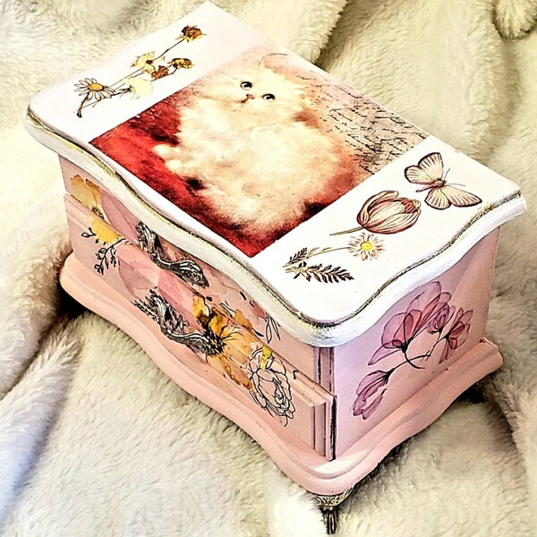 Girls  upcycled  handpainted small size kitty cat pink and floral jewelry keepsake box