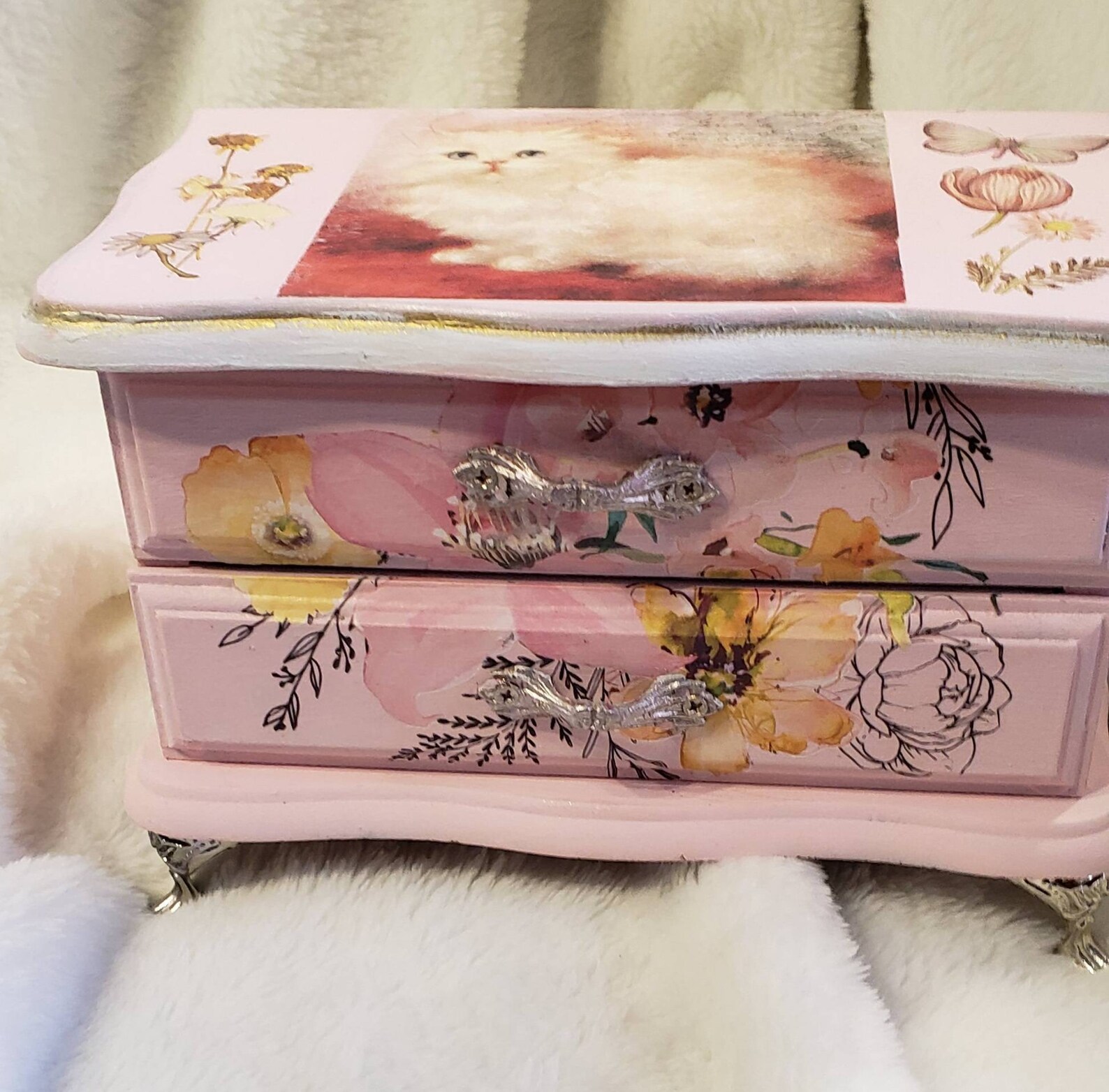 Girls Upcycled Handpainted Small Size Kitty Cat Pink and Floral Jewelry