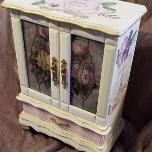 Shabby chic handpainted Paris themed cream and pink colored with decorative glass doors jewelry box