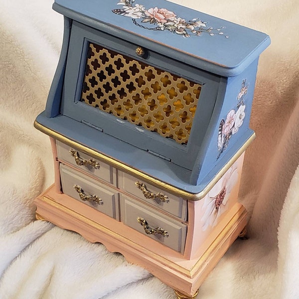 Vintage handpainted blue and peach medium size desk style jewelry and music box