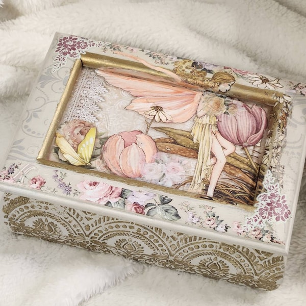 Petite size fairy and floral handpainted upcycled jewelry box in beige