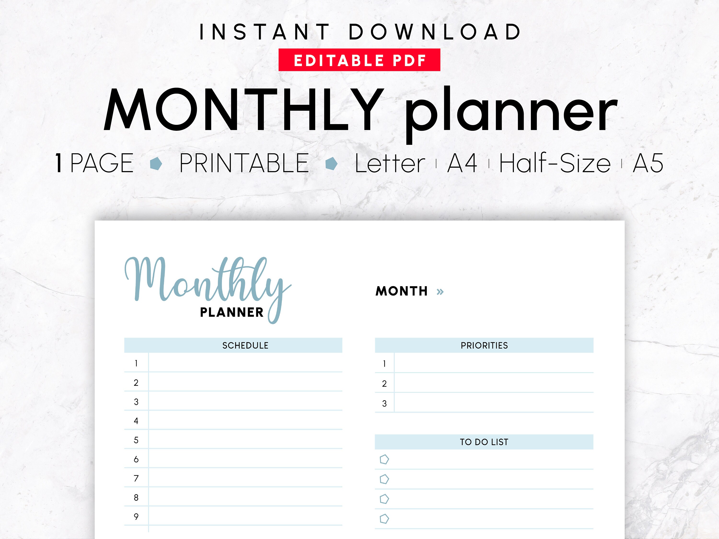 Editable Monthly Planner Printable undated Month organizer Etsy