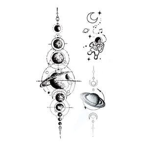Tatuaje temporal de astronauta, tatuaje de luna, tatuaje de niña, tatuaje de galaxia, tatuajes pequeños, tatuaje de verano, tatuaje temporal, tatuaje del universo