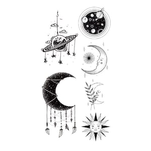 Tatuaje temporal de astronauta, tatuaje de luna, tatuaje de niña, tatuaje de galaxia, tatuajes pequeños, tatuaje de verano, tatuaje temporal, tatuaje del universo