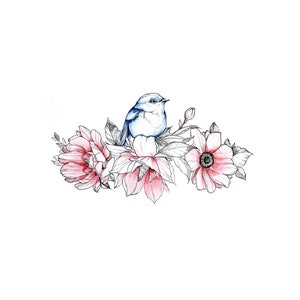 Tatuaje temporal de flor de pájaro, tatuaje de flor de pájaro, tatuaje de flor, tatuaje floral, tatuaje de festival de pájaros, tatuaje de pájaro, tatuaje de pájaro con flor silvestre