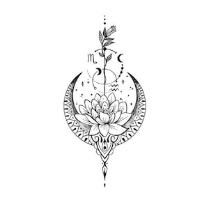 Lotus Unalome temporary tattoo, Floral love tattoo, smal lotus flower tattoo, floral tattoo, flower temp tattoo, lotus line tattoo