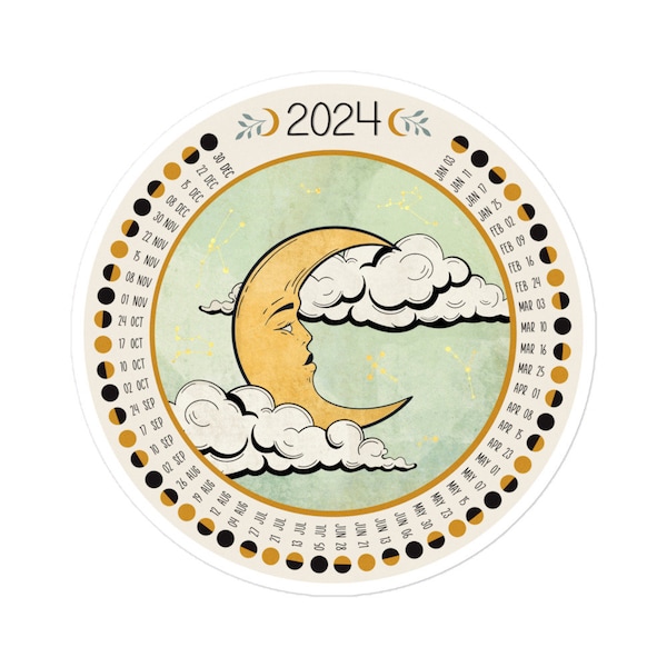 Lunar Calendar 2024 Sticker - Track the Phases of the Moon - Crescent Moon - Wheel of the Year
