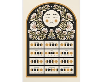 Carte postale calendrier lunaire 2026 – Impression d'art botanique céleste