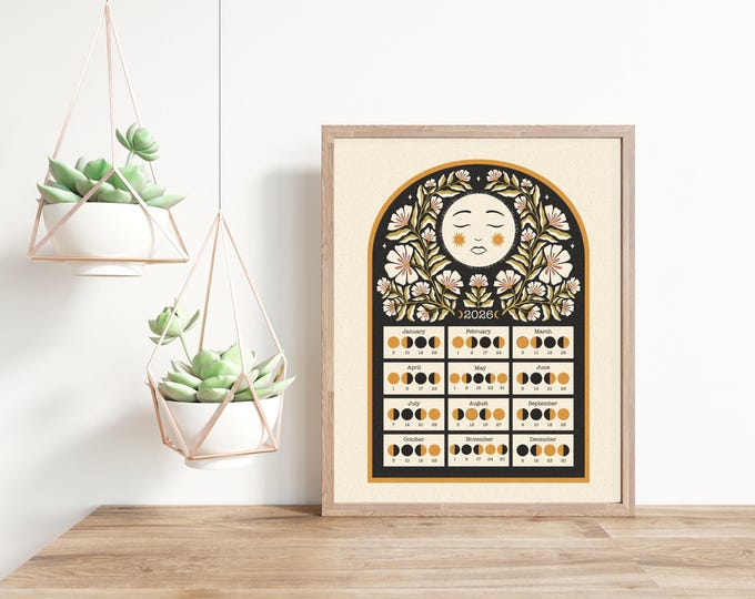 2026 Lunar Calendar Poster – Moon Phase Botanical Wall Art