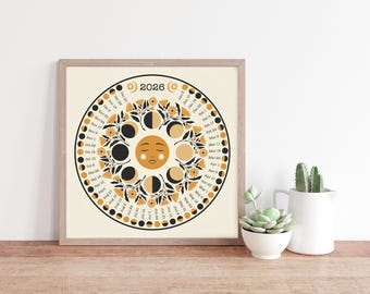 2026 Mondkalender Poster - Mondphasen mit blumigem Mondgesichter-Design