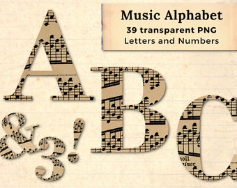 Sheet Music Alphabet PNG | Vintage Style Letters, Numbers (Digital Download)