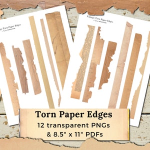 Bordi di carta strappata Download digitale PNG e PDF / 12 PNG trasparenti di bordi di cercapersone strappati / Carta vintage con clipart di bordi strappati