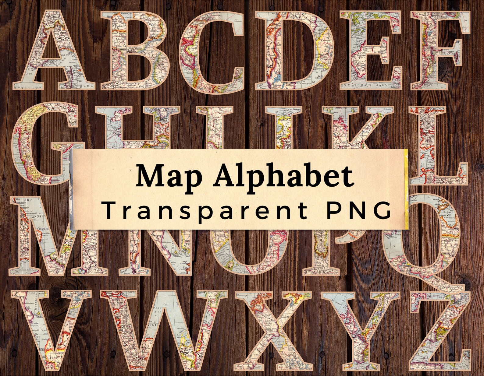 Letter Map Design Printable PNG Map Alphabet | Vintage Map Letters | Transparent ...