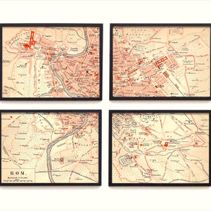 May include: Four framed vintage maps of Rome, Italy, in a grid arrangement. The maps are in shades of red and beige, with black frames. The word "ROM." is visible on one map. The maps depict the city's layout, including streets and landmarks.
