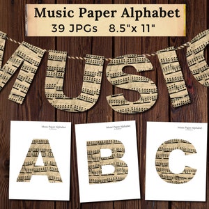 Alfabeto de papel musical imprimible / Letras de partituras vintage Garland Banner / JPG / Para uso comercial y personal