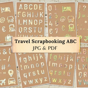 Digitale Karte Alphabet für Scrapbooking | 8 Seiten 8,5 x 11 Zoll | Reisesymbole und Briefe