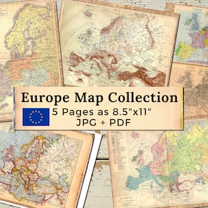 Druckbare Europa Karten JPG und PDF | Vintage Karte Europa für Scrapbooking | Für den kommerziellen und persönlichen Gebrauch