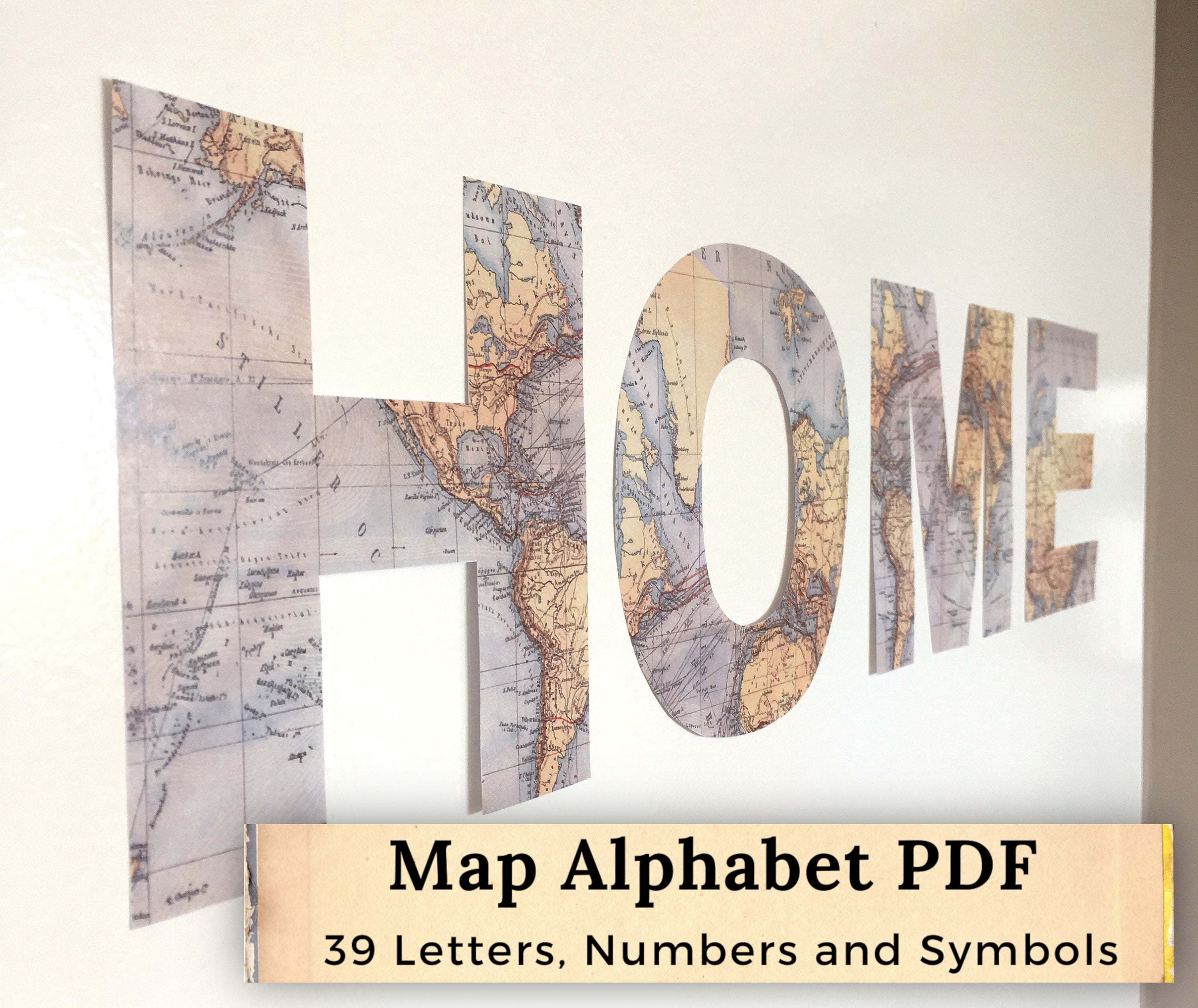 PDF Printable Map Alphabet Digital Vintage Map Letters Party Banner