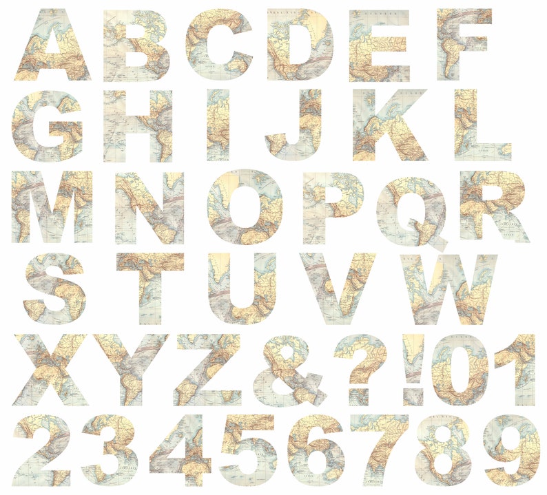 PDF Printable Map Alphabet Digital Vintage Map Letters Party Banner