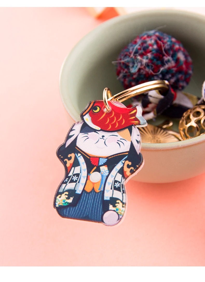 Christmas Gift. Omamori Pompom Bell Ukiyoe Fabric Key Chain