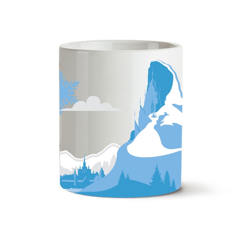 May include: White ceramic mug with a blue and white illustration of a mountain range with a castle on top. The illustration also includes a snowflake and a cloud.
