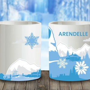 May include: White ceramic mug with a blue and gray design featuring a mountain scene and snowflakes. The text "YOU'VE SEEN THIS" is printed on the left side of the mug. The text "ARENDELLE" is printed on the right side of the mug.