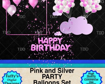 Beautiful birthday party digital artwork. These have balloons, borders, frames and candles are included to personalize your own creations.