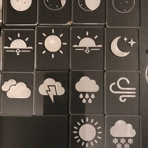 May include: A set of 12 weather icons, each depicting a different weather condition, such as sunny, cloudy, rainy, snowy, and windy. The icons are white on a black background and are arranged in a grid.