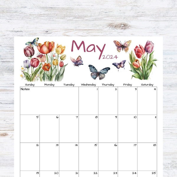 Fillable/Editable May Calendar | May 2024 Printable Calendar | Butterfly Calendar | Instant Download | PDF, PNG, JPG | Printable| Minimalist