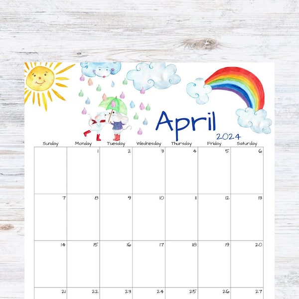 Fillable/Editable April Calendar | April 2024 Printable Calendar | Spring Rain Calendar | Instant Download | PDF, PNG, JPG | Printable