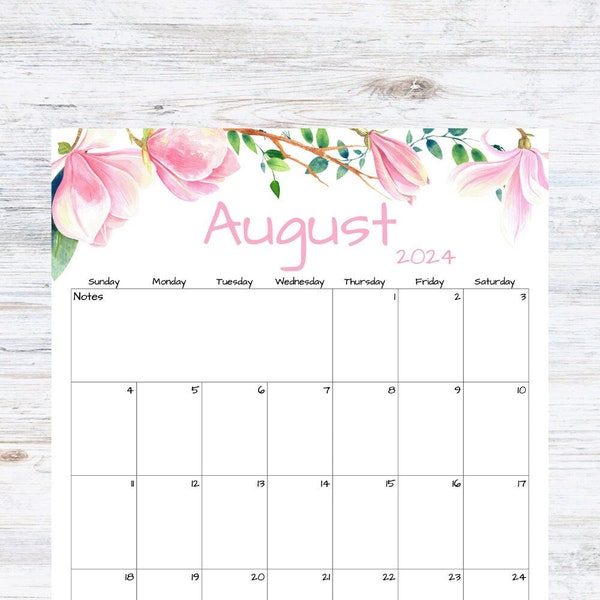 Fillable/Editable August Calendar | August 2024 Printable Calendar | Magnolia Calendar | Instant Download | PDF, PNG, JPG | Printable