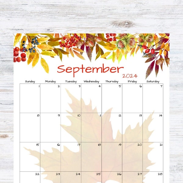 Calendrier de septembre à remplir/modifier | Calendrier septembre 2024 imprimable | Calendrier des feuilles d'automne | Télécharger | PDF, PNG, JPG | Imprimable