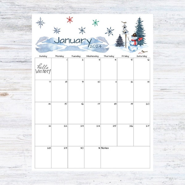 Fillable/Editable January Calendar | January 2024 Calendar | Winter Scene Calendar | Instant Download | PDF, PNG, JPG