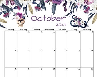 Calendario de octubre rellenable/editable / Calendario imprimible de octubre de 2023 / Calendario gótico de Halloween / Descargar / PDF, PNG, JPG / Imprimible