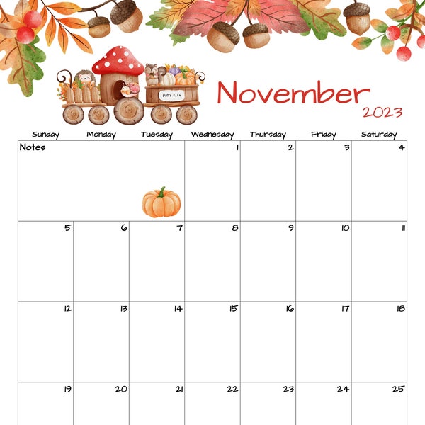 Fillable/Editable November Calendar | November 2023 Printable Calendar | Woodland Animals Calendar | Download | PDF, PNG, JPG | Printable