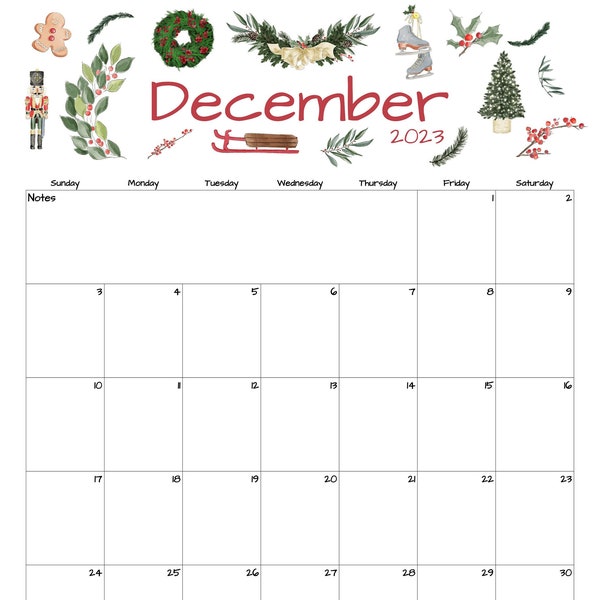 Fillable/Editable December Calendar | December 2023 Printable Calendar | Classic Christmas Calendar | Download | PDF, PNG, JPG | Printable