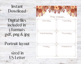 Weekly Planner Printable | Weekly Calendar | Weekly schedule | To Do List | Instant Download | PDF, PNG, JPG | Printable | Minimalist