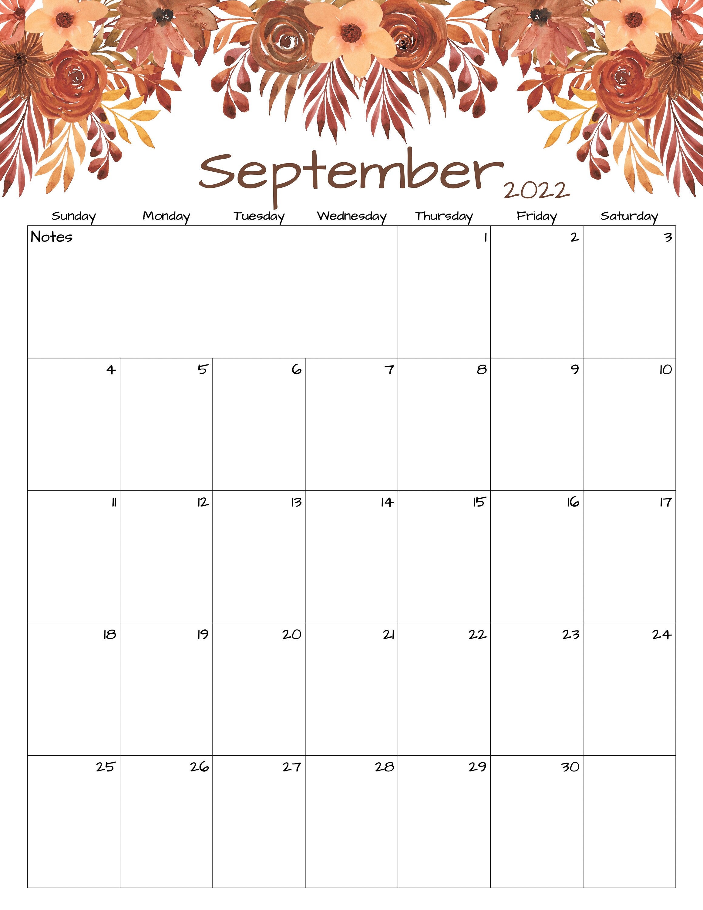 September Calendar September 2022 Printable Calendar Etsy Hong Kong