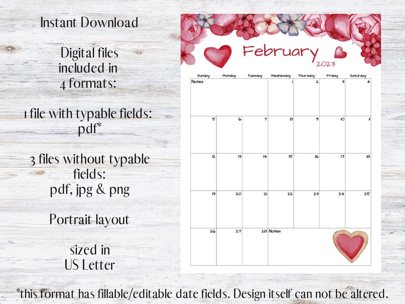 Fillable/editable February Calendar February 2023 (Instant Download) Etsy
