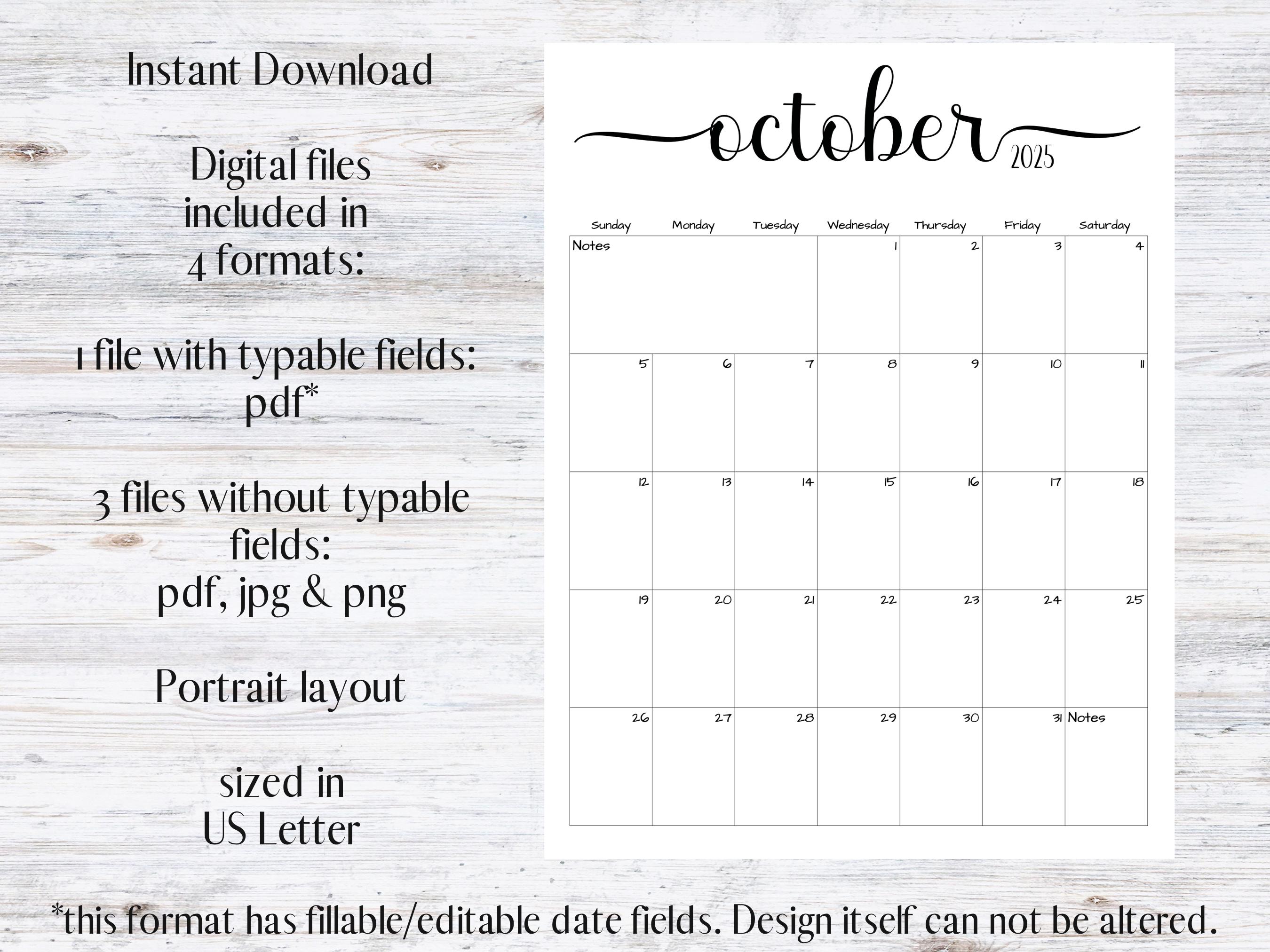 Fillable/editable October 2025 Calendar October 2025 Calendar Simple