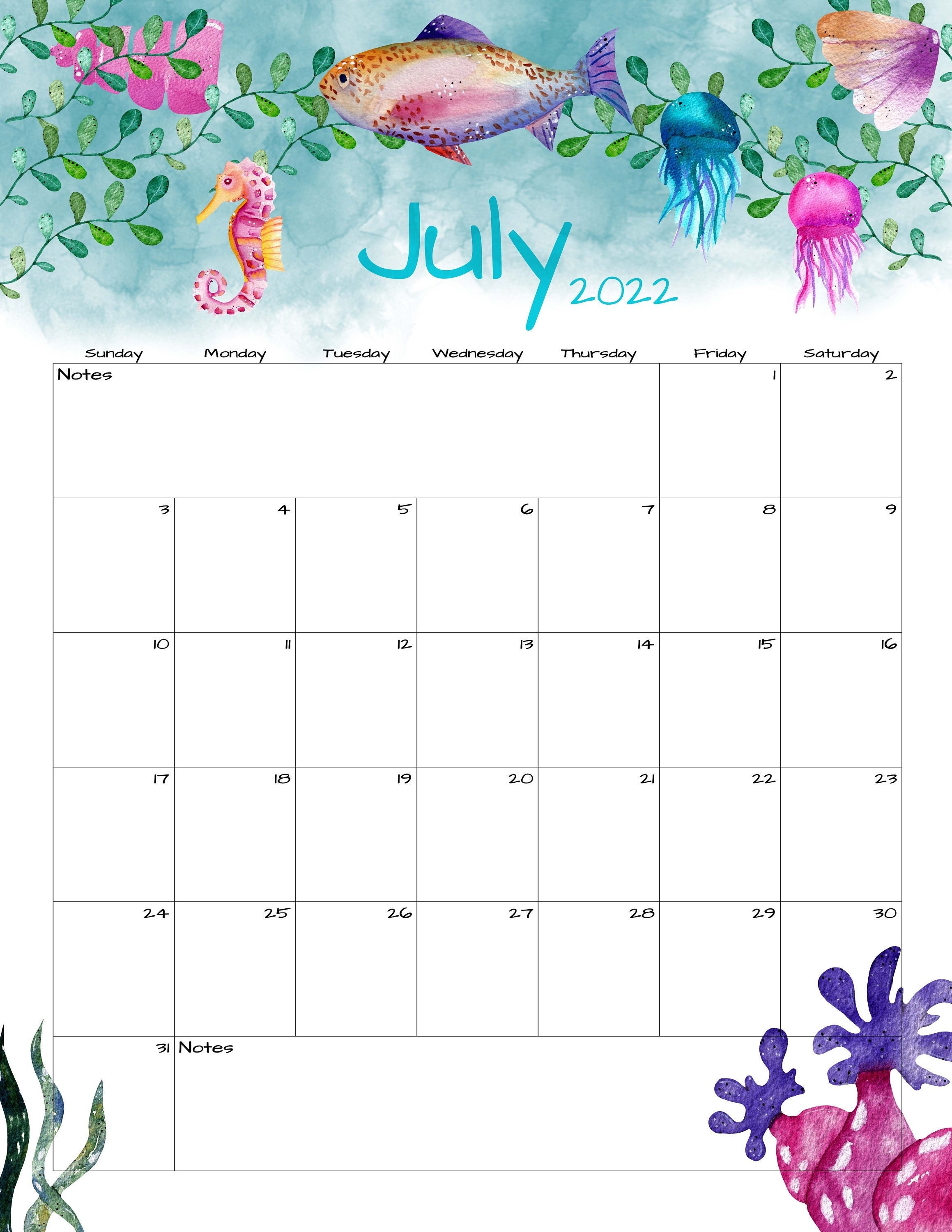 july calendar july 2022 printable calendar sealife etsy