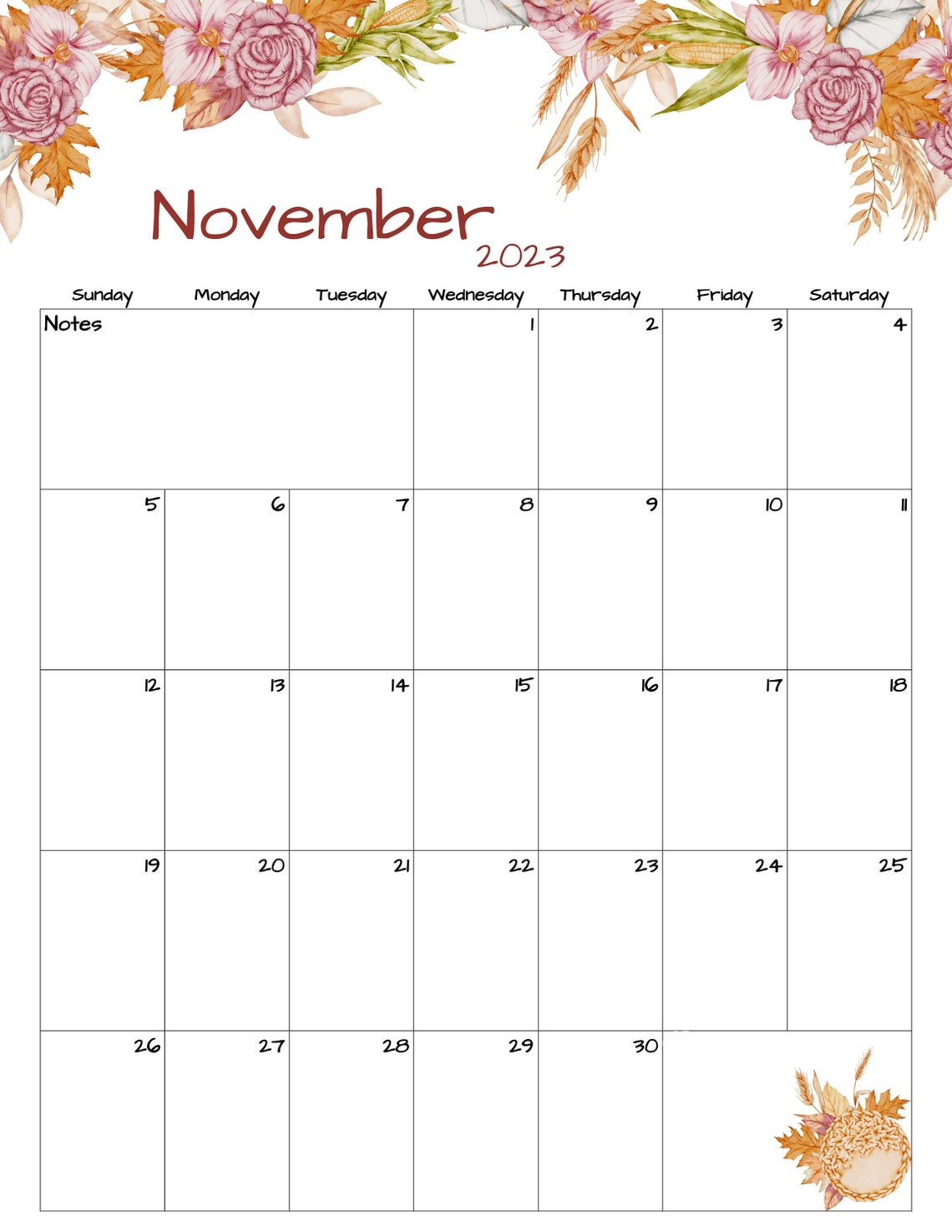 Fillable/editable November Calendar November 2023 Printable Etsy