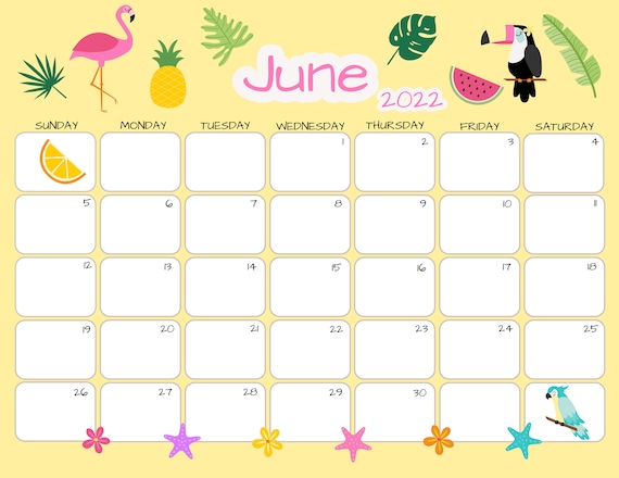 june calendar june 2022 printable calendar tropical summer etsy