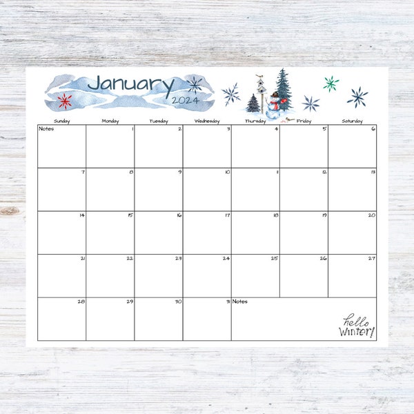 Fillable/Editable January Calendar | January 2024 Calendar | Winter Scene Calendar | Instant Download | PDF, PNG, JPG