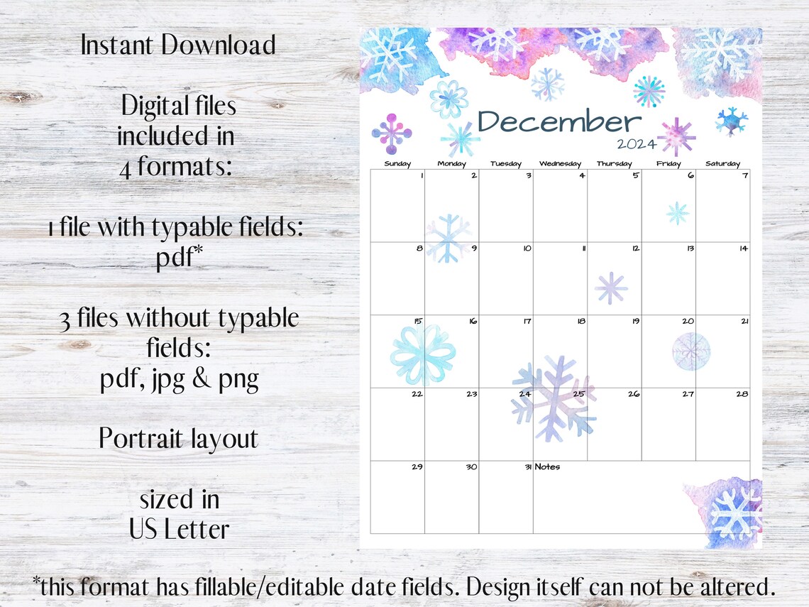 Fillable editable december calendar december 2024 calendar winter snow