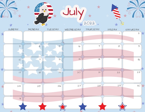 july calendar july 2022 printable calendar red white and etsy